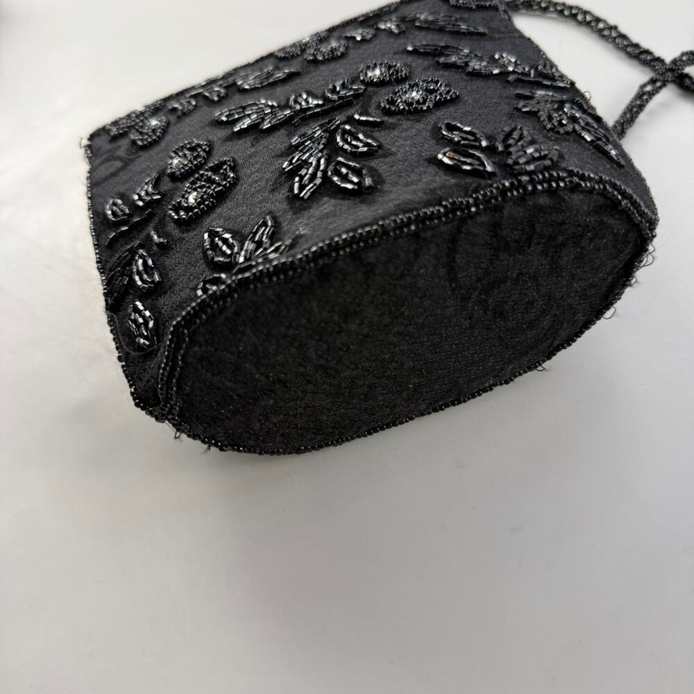 Vintage Black Beaded Mini Evening Bag Floral Satin Clutch Crossbody - Picture 3 of 8